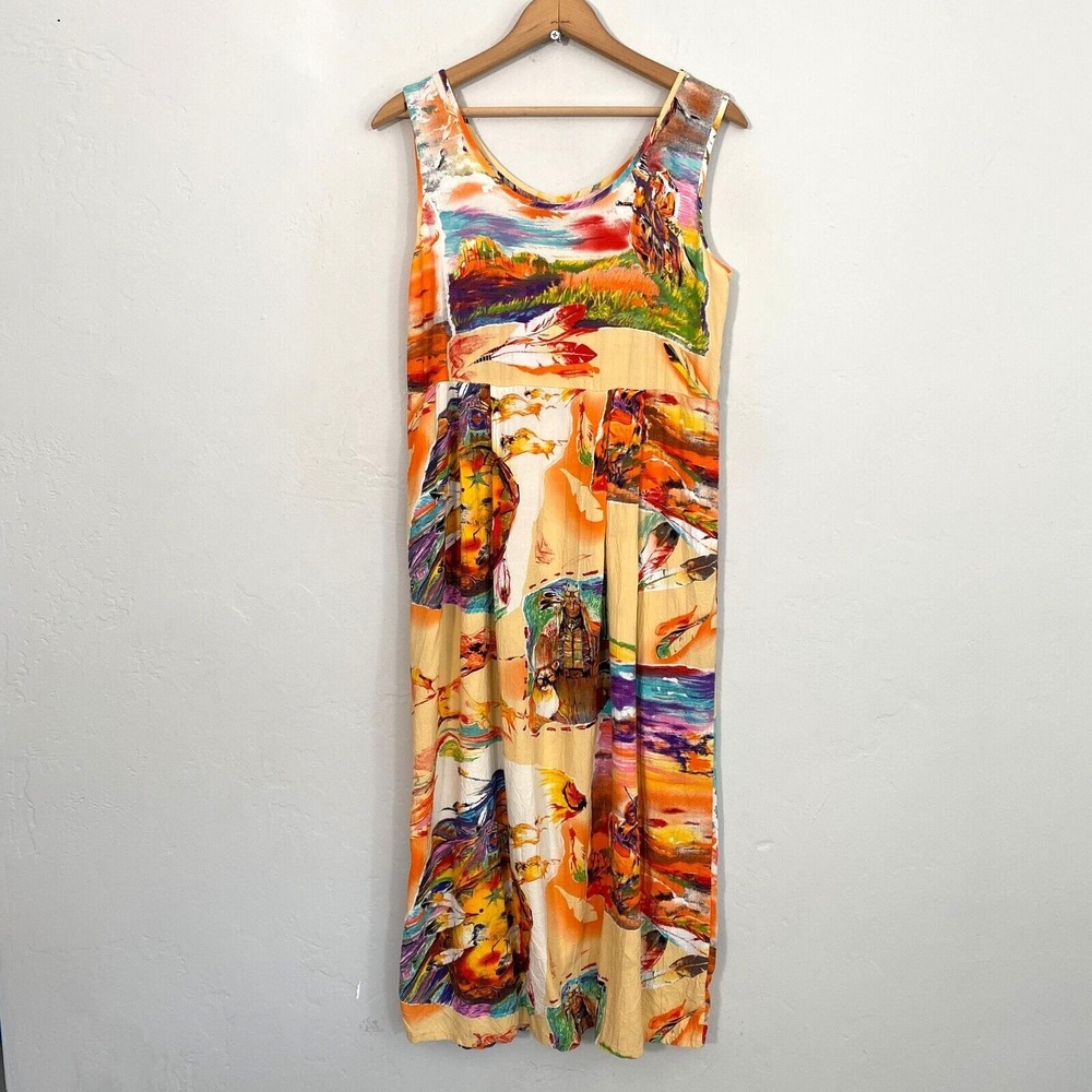 Jams World Vintage Dress Sz XS Multicolor Native American Print Sleeveless Flaw
